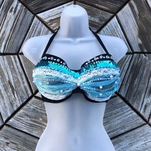 SOLD Aqua Blue Black Mermaid Shell Bra Costume Top